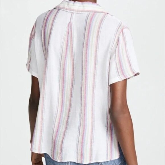 Rails Linen Blend Shirt M Crop Gold Trimmed Striped Gauzy Coastal Fairy Pastel - Picture 4 of 13